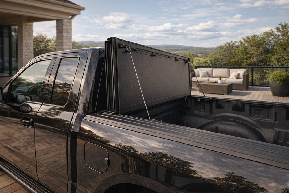 Hard tri-fold tonneau cover locked in partial open driving position