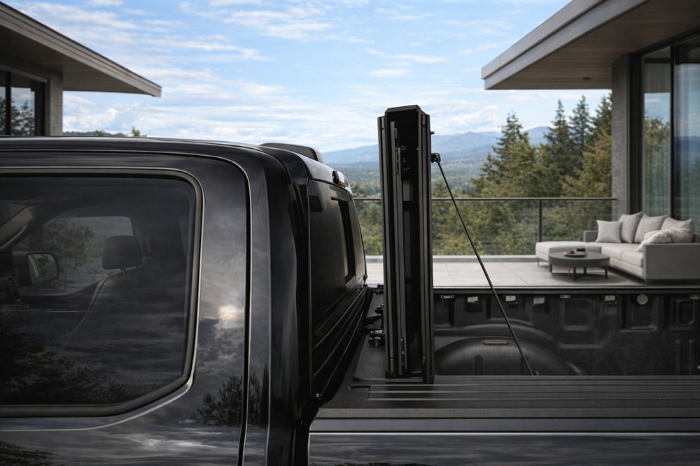 Kova hard tri-fold tonneau cover folded fully upright for full bed access