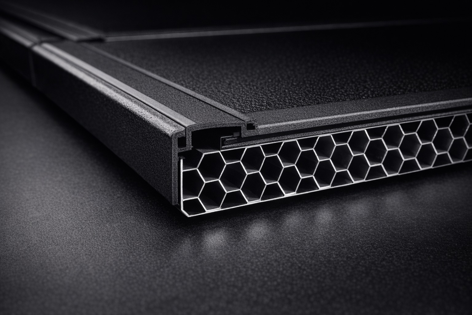 Reinforced aluminum panel detail on hard tri-fold tonneau cover