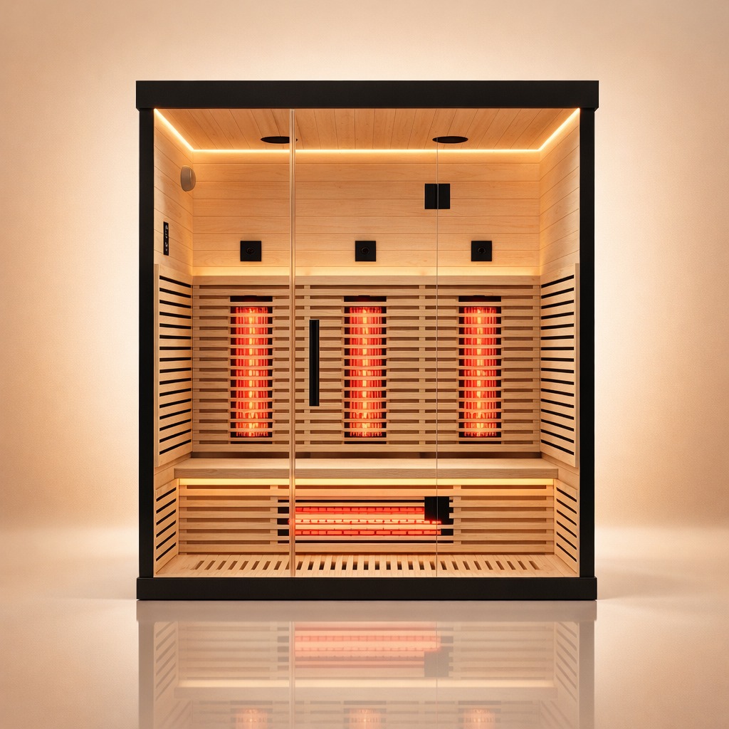 Valencia Aura 2-Person full spectrum infrared sauna side angle showing Hemlock exterior and glass door