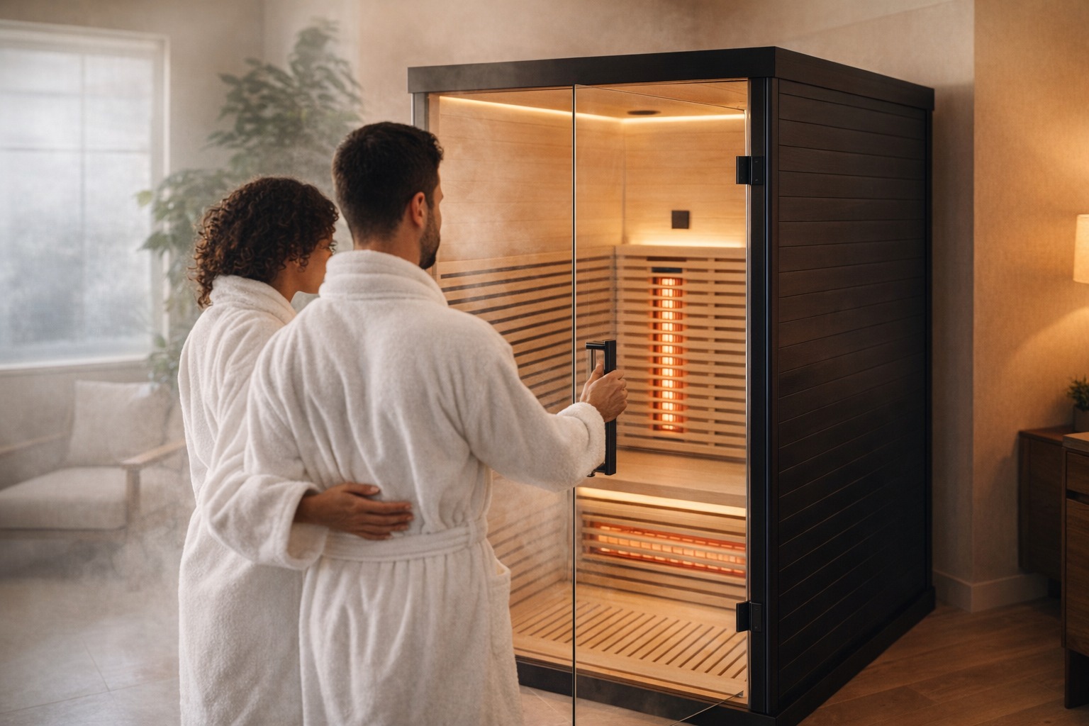 Valencia Aura 2-Person full spectrum infrared sauna with two people relaxing inside at night